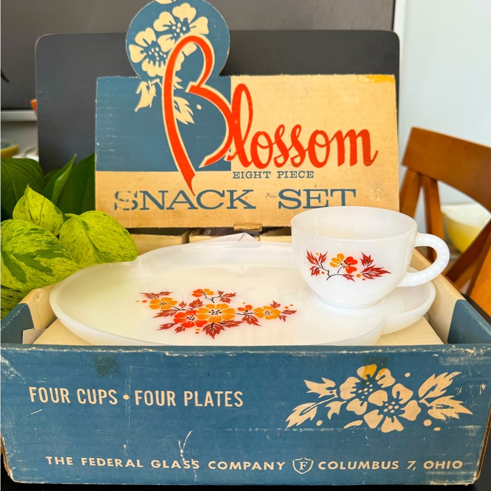 Federal Glass Autumn Blossom milk glass snack set with original box